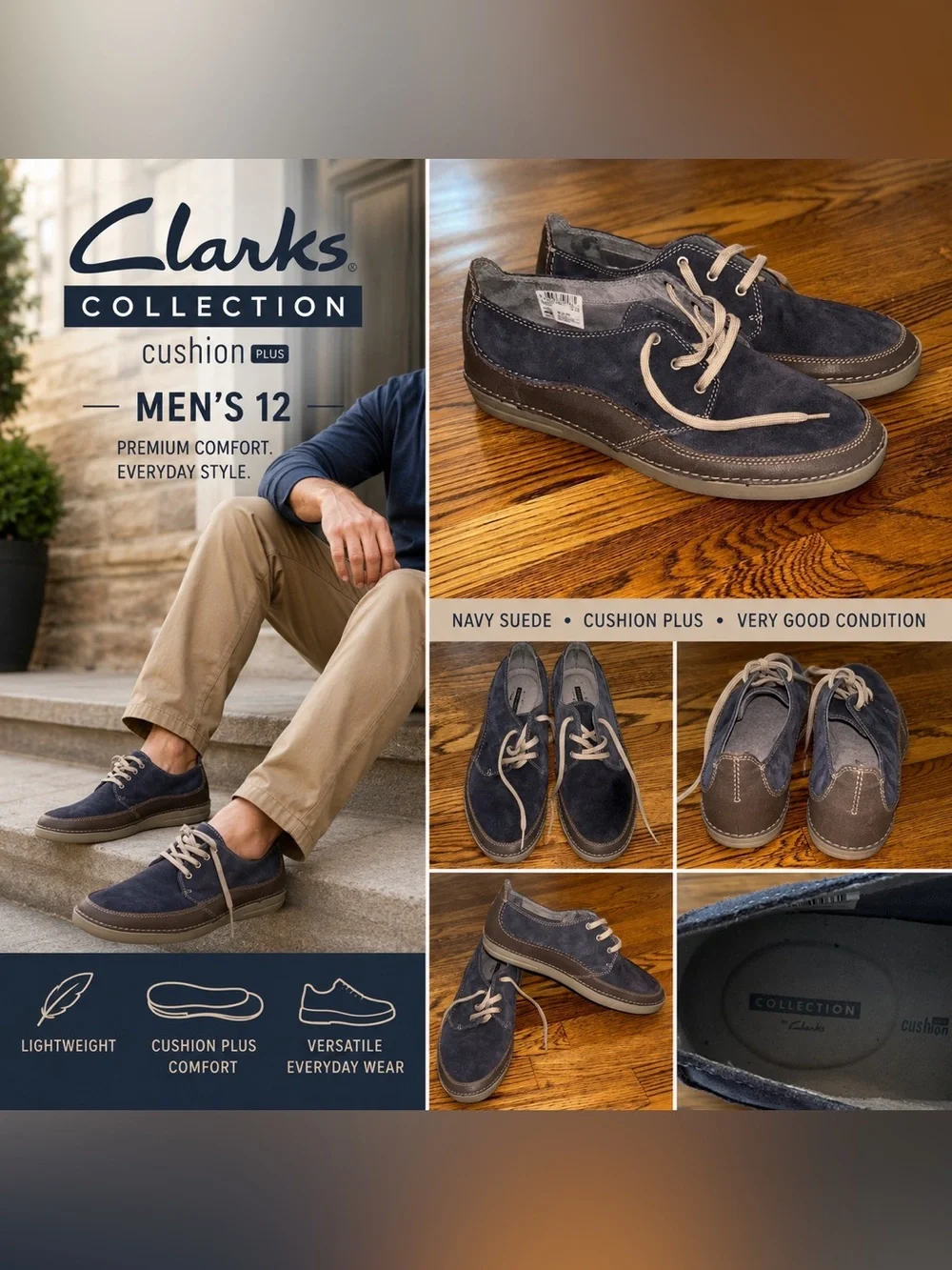 Clarks Collection Cushion Plus Navy Suede Casual Oxford Shoes Men’s Size 12